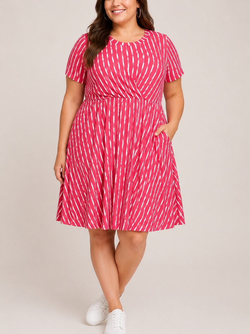 Torrid Super Soft Faux Wrap Dress Pink White Stripe 1X Plus Pockets Midi Casual